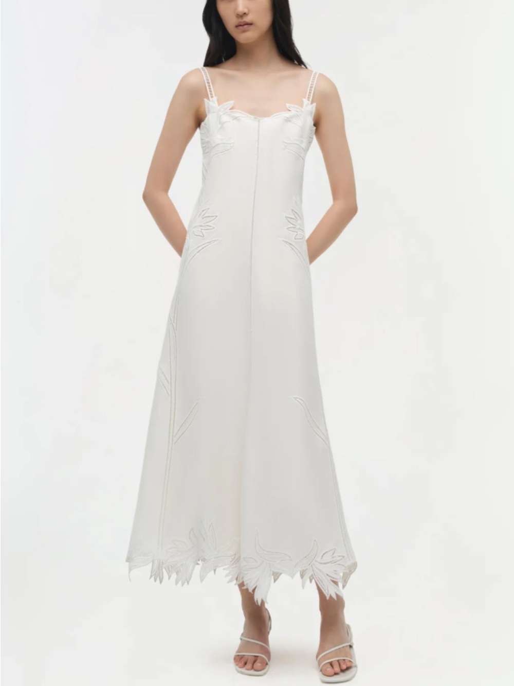 Ivory Floral-Trim Midi Dress with Spaghetti Straps